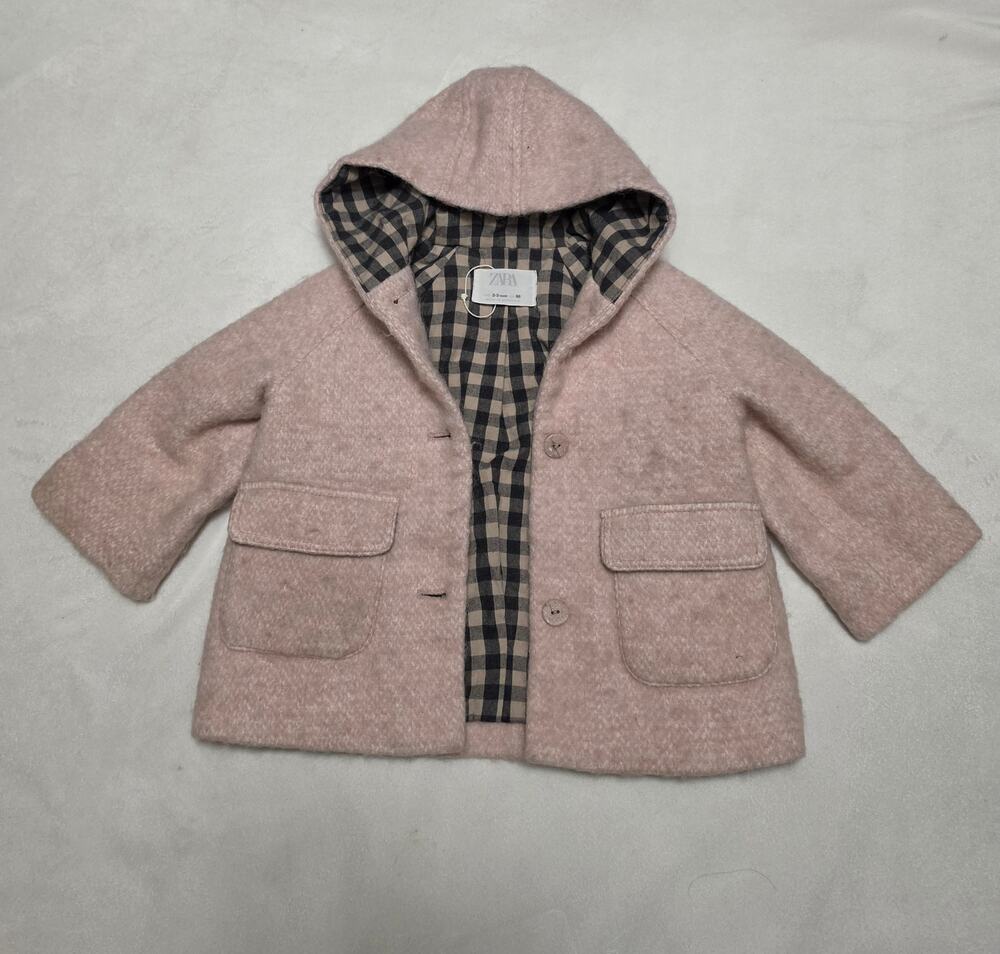 ZARA Kids Girls Dusty Pink Hooded Coat Plaid Gingham Lining Size 2-3 Years